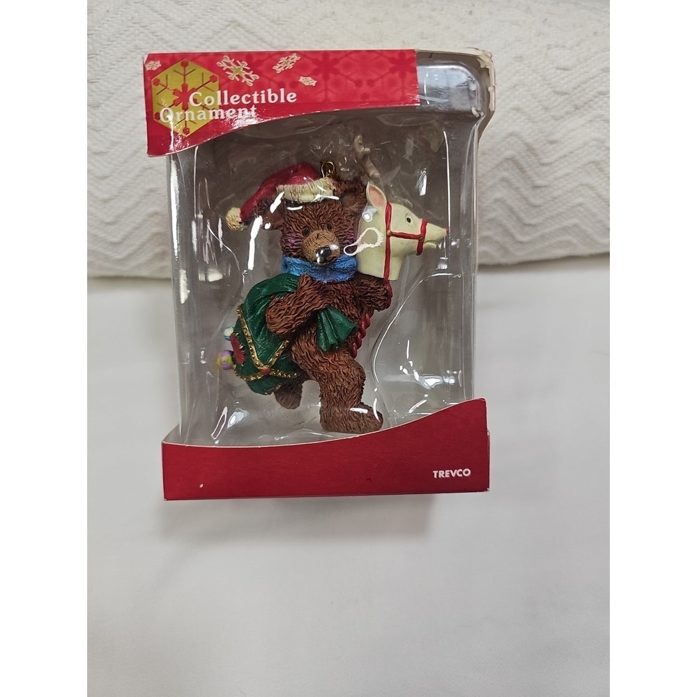 VTG Ornament Trevco Christmas Santa Bear Riding Pony Stick  W/Toy Bag NEW